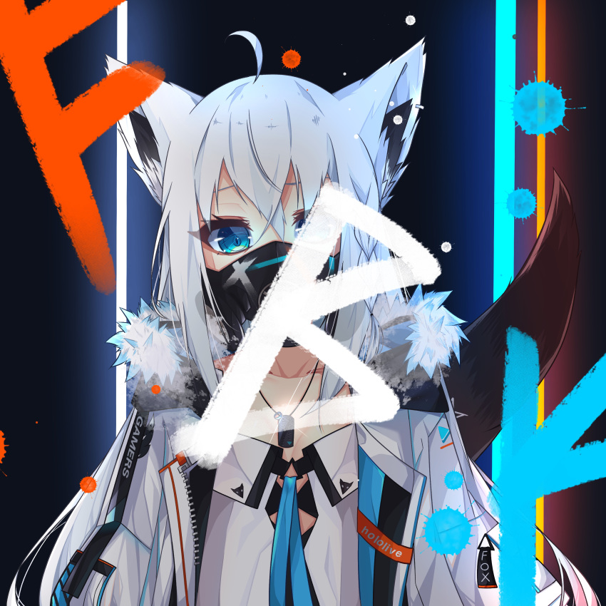 absurdres acronym ahoge animal_ear_fluff animal_ears black_background black_bra blue_eyes blue_ribbon bra braid dog_tags dress english_text female fox_ears fox_girl fox_tail fur_trim glowing hair_between_eyes highres hololive jacket logo long_hair looking_at_viewer mask official_alternate_costume open_clothes open_jacket paint_splatter pentagram respirator ribbon shirakami_fubuki shirakami_fubuki_(fubukitek) solo tail temari_maco underwear upper_body virtual_youtuber white_dress white_hair white_jacket