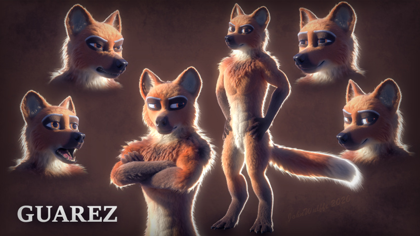 16:9 3d_(artwork) 4k abs absurd_res amber_eyes anthro athletic athletic_anthro athletic_male brown_body brown_fur canid canine canine_ears canine_teeth crotch_tuft digital_media_(artwork) fluffy fluffy_chest fluffy_tail fur guarez_(johnwulffe) hi_res johnwulffe male mammal maned_wolf model_sheet muscular muscular_anthro muscular_arms muscular_male neck_tuft solo tail tuft widescreen