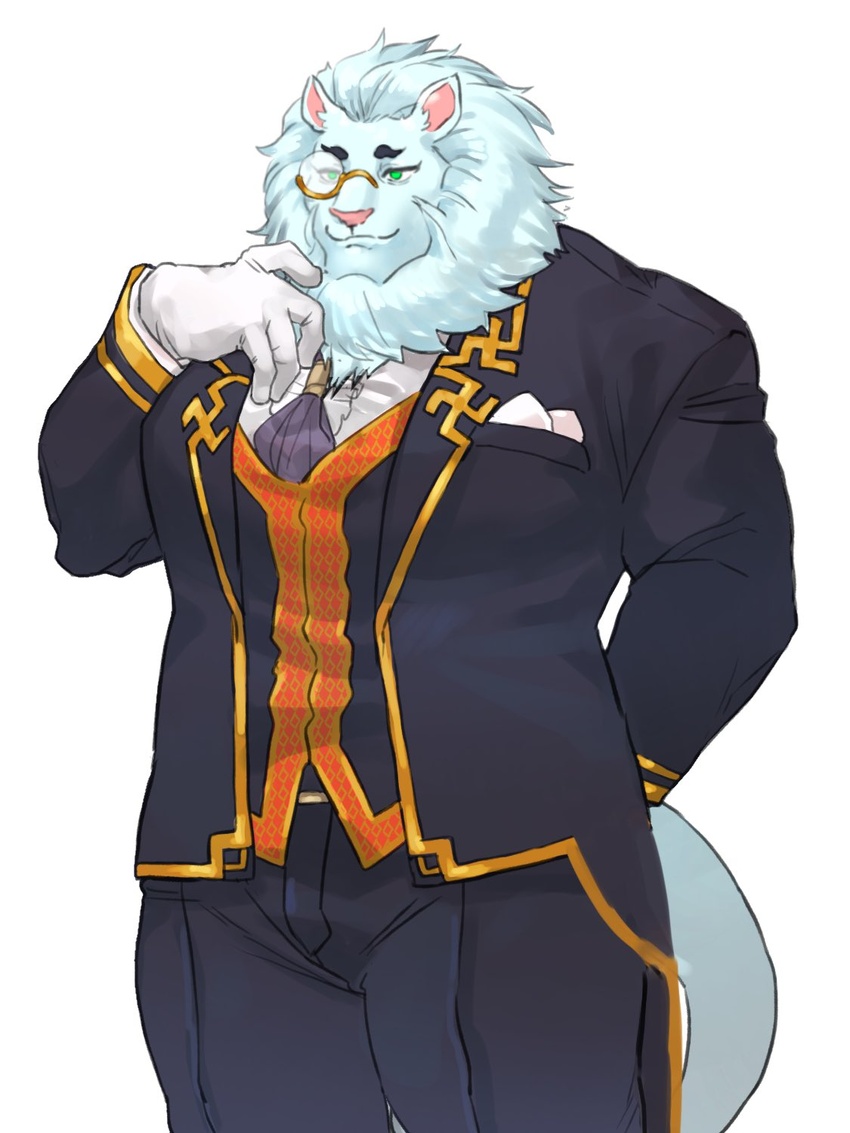 3:4 anthro butler clothing dress_coat dress_pants eyewear felid fur gloves handwear hi_res ituduki_aaa lifewonders lion male mammal mane manji monocle pantherine snow_(tas) solo tail tokyo_afterschool_summoners topwear vest white_body white_clothing white_fur white_gloves white_handwear