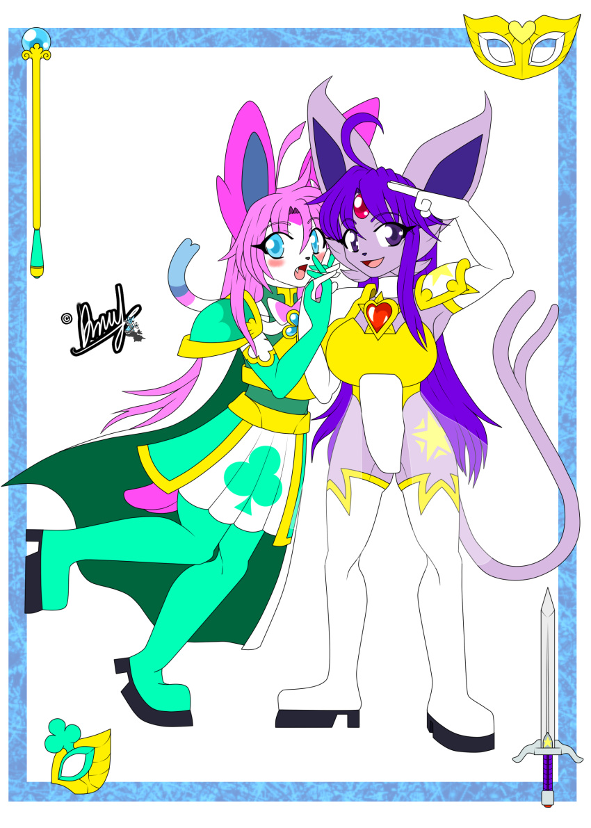 2017 absurd_res ahoge anthro armor blue_eyes bottomwear cape clothing derthevaporeon duo eeveelution espeon exposed_hips female forked_tail generation_2_pokemon generation_6_pokemon gesture hair head_gem hi_res jewelry kagome_(sugarysylvee) mask nintendo pink_hair pokemon pokemon_(species) purple_eyes purple_hair ribbons salute shoulder_pads simple_background skirt smile smiling_at_viewer surprised_expression sylveon tail takume_(derthevaporeon) unusual_anatomy unusual_tail weapon white_background