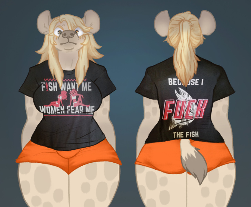 anthro ass big_ears blonde_hair bones_(deermary) bottomwear clothed clothing creature_print deermary female front_and_back front_view fully_clothed gradient_background hair hyena mammal markings meme orange_bottomwear orange_clothing orange_shorts ponytail print_clothing print_shirt print_t-shirt print_topwear pubic_mound rear_view shirt shorts simple_background solo spots spotted_markings t-shirt text text_on_clothing text_on_shirt text_on_t-shirt text_on_topwear text_print thick_thighs topwear wide_hips women_want_me_fish_fear_me yellow_eyes