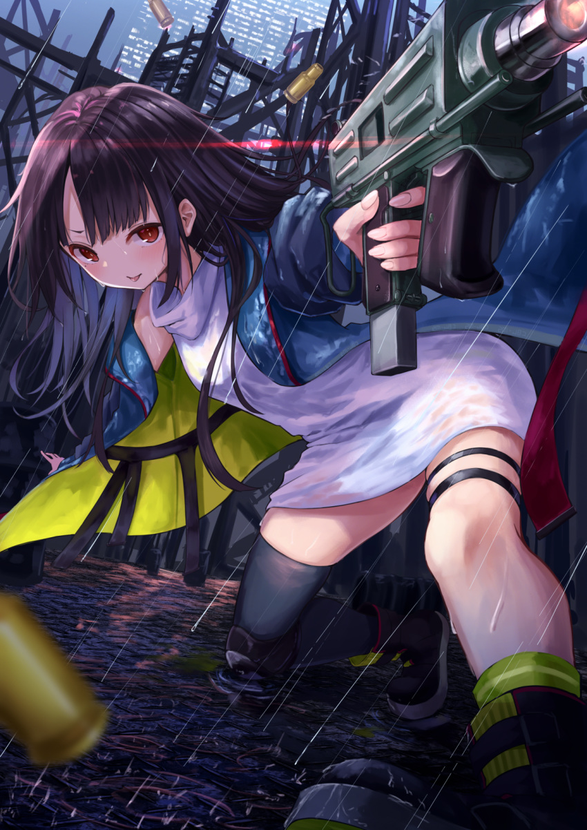 black_hair black_thighhighs blue_jacket c-ms_(girls'_frontline) cbj-ms city dark female firing girls'_frontline gun highres jacket knee_pads konome_noi long_hair on_one_knee rain red_eyes shell_casing single_knee_pad single_thighhigh skindentation solo submachine_gun thighhighs tongue tongue_out weapon