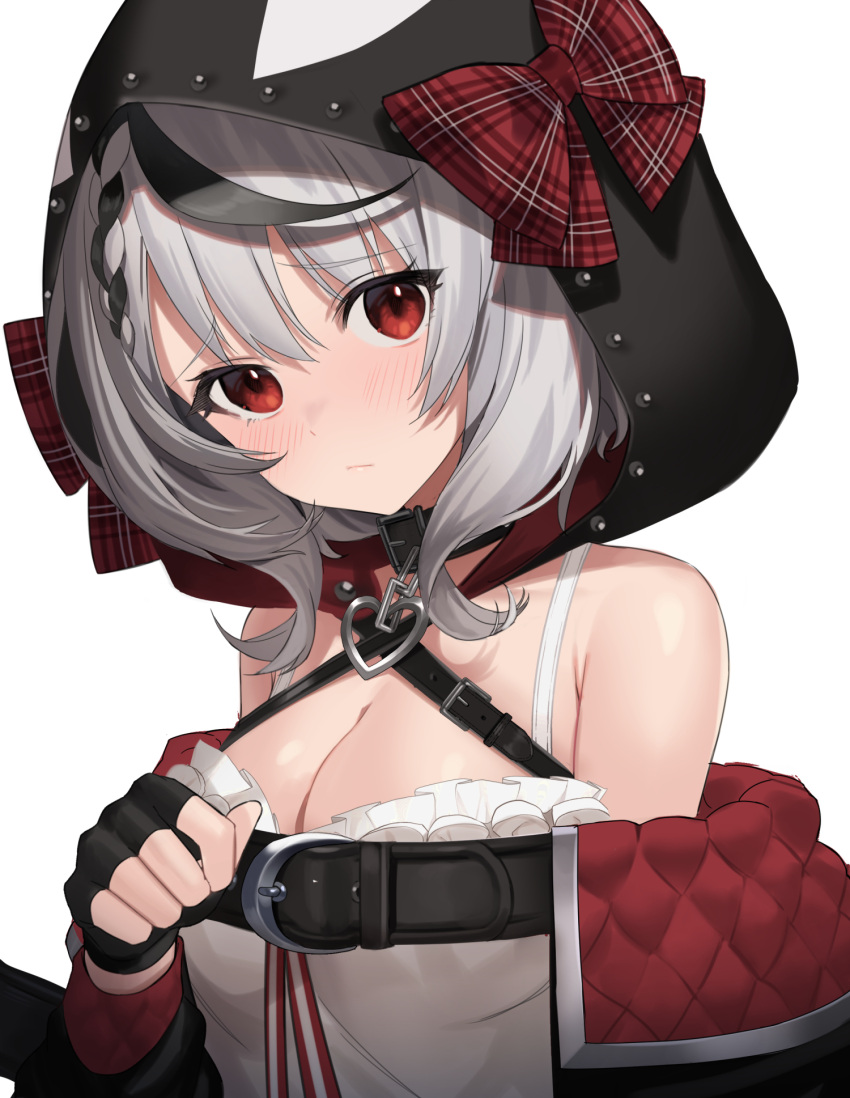 animal_hood bare_shoulders belt black_gloves black_hair blush bow braid braided_bangs breasts cleavage collar commentary female fingerless_gloves frills gloves grey_hair head_tilt heart highres hololive hood hood_up long_sleeves looking_at_viewer mamima multicolored_hair off_shoulder orca_hood plaid plaid_bow red_bow red_eyes sakamata_chloe sakamata_chloe_(1st_costume) simple_background solo streaked_hair upper_body virtual_youtuber white_background