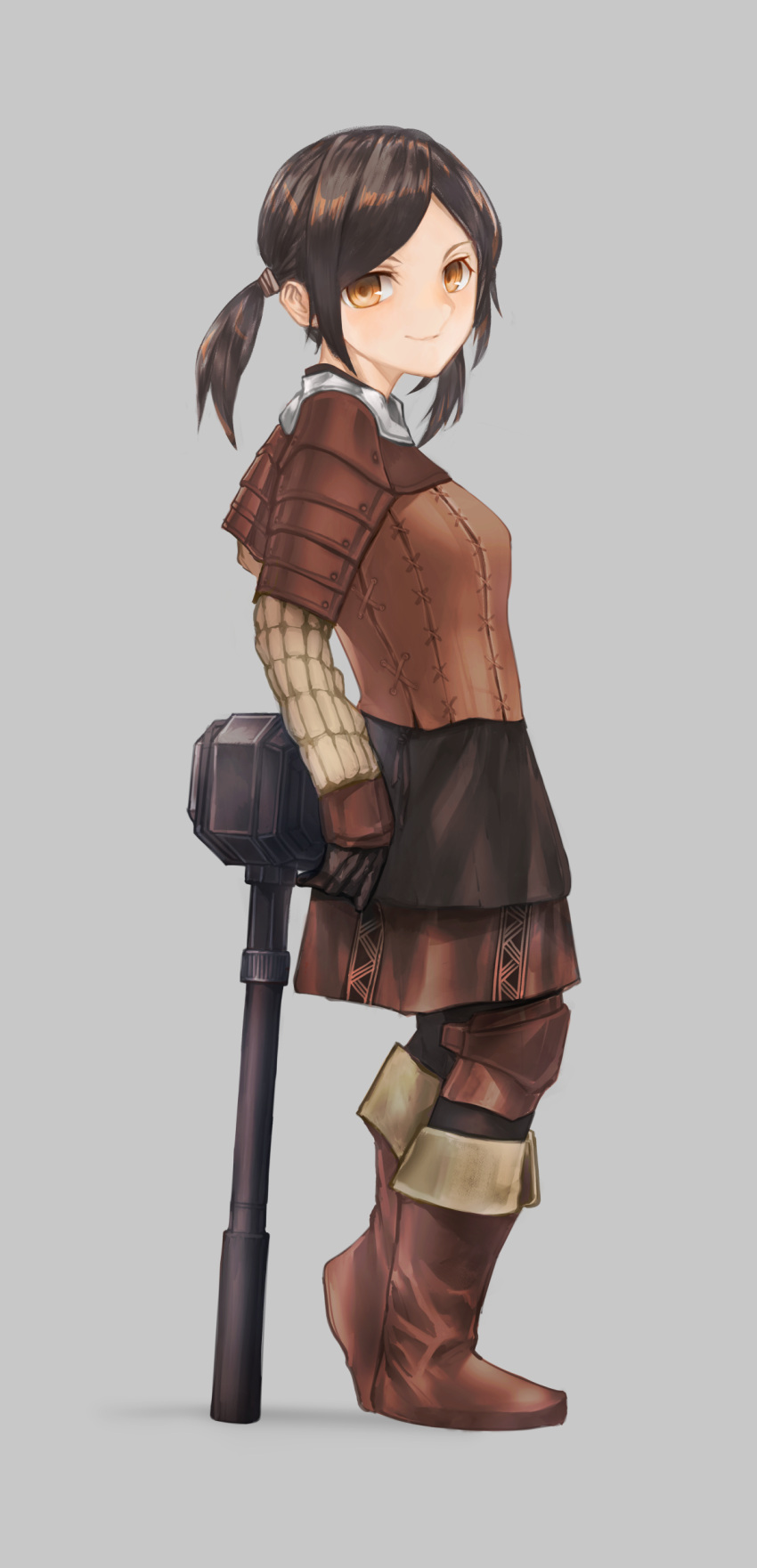 absurdres armor bad_id bad_pixiv_id black_gloves black_hair black_pantyhose boots brown_armor brown_footwear brown_pupils brown_skirt closed_mouth dwarf female full_body gloves hammer highres knee_pads looking_at_viewer medium_hair orange_eyes original pantyhose parted_bangs shoulder_armor simple_background skirt smile solo standing twintails ymok