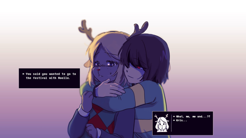 16:9 4_fingers 5_fingers adolescent anthro antlers arms_around_neck blonde_hair blue_eyes blush blush_lines bodily_fluids brown_hair checkered checkered_clothing checkered_sweater checkered_topwear clothing consent_themes deer deltarune dialogue dialogue_box doe_with_antlers dominant dominant_human dominant_male duo emotional_manipulation english_text eyebrow_through_hair eyebrows female fingers fist freckles gradient_background hair hair_over_eyes hi_res hidden_eyes horn hug hugging_another hugging_from_behind human human_dominating_anthro human_on_anthro interspecies interspecies_domination intimate kris_(deltarune) looking_at_another male male/female male_dominating_female mammal manipulation name_drop narrowed_eyes nervous new_world_deer noelle_holiday obscured_eyes pattern_clothing pattern_shirt pattern_sweater pattern_topwear possessive questionable_consent questioning_tone red_eyes red_nose reindeer shadowed_eyes shirt simple_background snowgrave striped_clothing striped_shirt striped_topwear stripes submissive submissive_anthro submissive_female surprised_expression sweat sweater text topwear translucent translucent_hair undertale_(series) unknown_artist unsure widescreen young