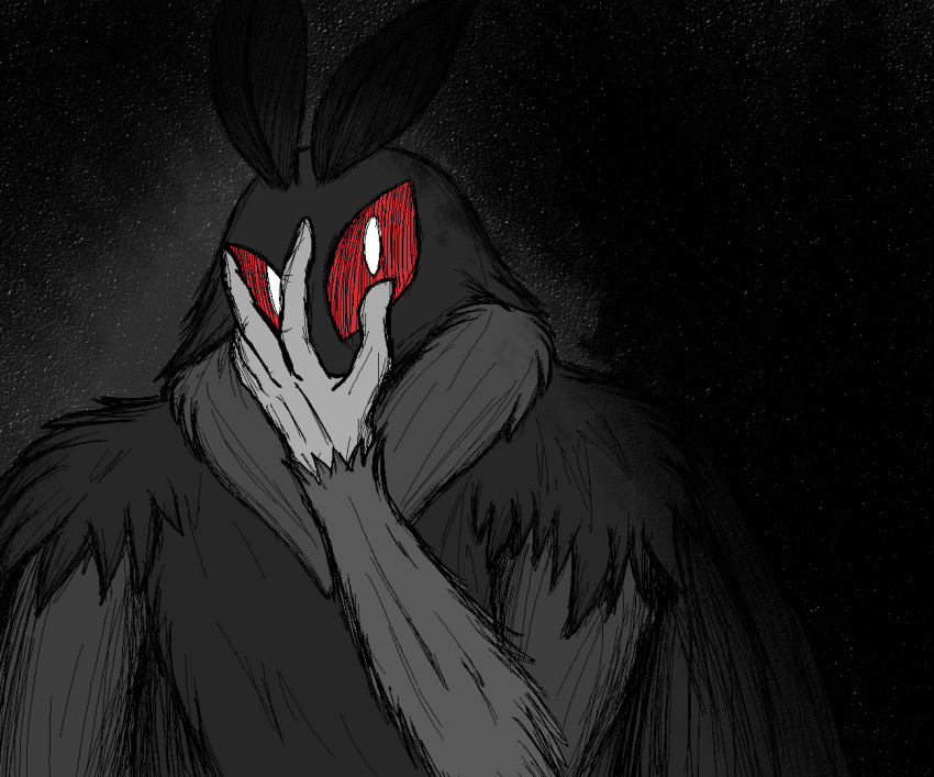 ambiguous_gender anthro arthropod black_body crezz_crow grey_body hand_on_face insects lepidopteran looking_at_viewer moth mothman pupils red_eyes simple_background slit_pupils solo