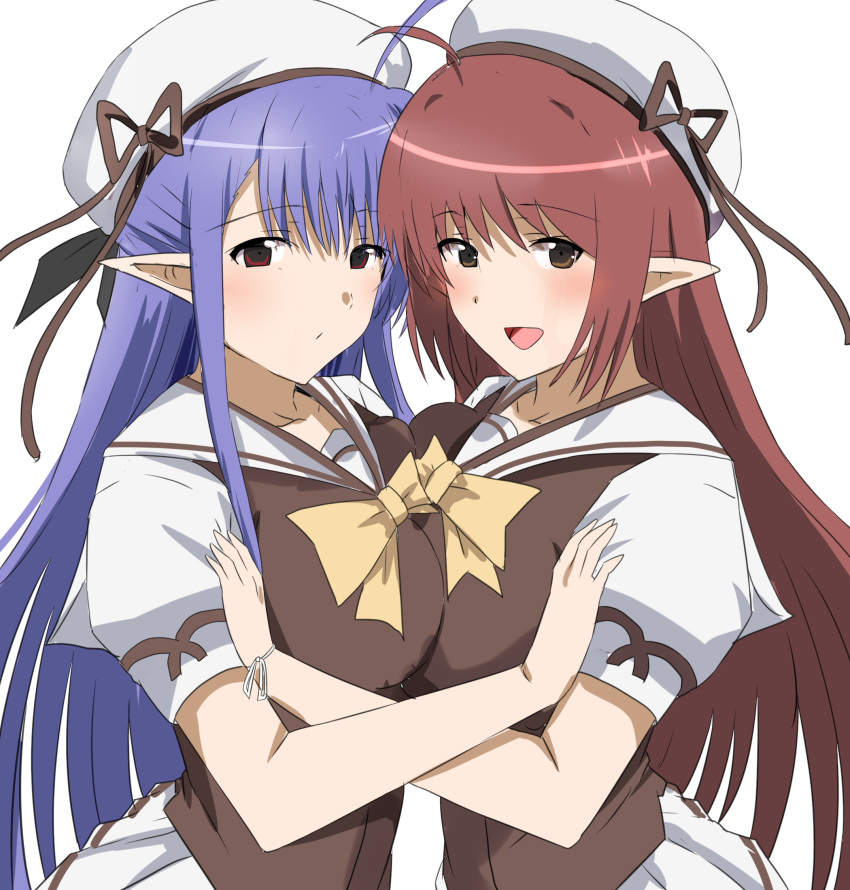 2girls blue_hair brown_eyes brown_hair brown_shirt commentary_request ekaki_kukuma hat highres hug lisianthus long_hair looking_at_viewer multiple_girls national_verbena_academy_school_uniform nerine pointy_ears puffy_sleeves sailor_collar sailor_hat school_uniform serafuku shirt short_hair shuffle! simple_background white_background white_sailor_collar