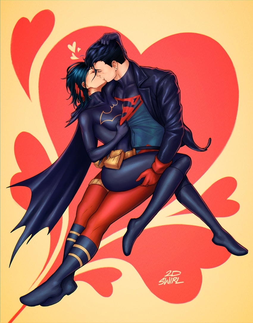 1boy 2dswirl artist_name batgirl batman_(series) belt black_cape black_hair black_jacket blue_bodysuit bodysuit boots breasts cape cassandra_cain closed_eyes clothes_grab commentary commission couple dc_comics earrings english_commentary female full_body gloves hand_on_another's_head heart heart_background highres jacket jewelry kissing kon-el open_clothes open_jacket red_bodysuit red_gloves short_hair sitting sitting_on_lap sitting_on_person skin_tight spandex straight superboy superhero_costume superman_(series) undercut utility_belt