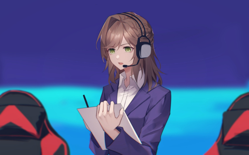 blue_jacket brown_hair chair clipboard female fengtu_ad gaming_chair green_eyes headphones highres holding holding_clipboard holding_pen jacket long_hair long_sleeves open_mouth pen polo_shirt rosa_(tears_of_themis) shirt solo swivel_chair tears_of_themis v-shaped_eyebrows white_shirt