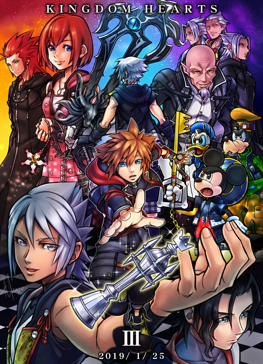 ansem_seeker_of_darkness axel_(kingdom_hearts) bad_id bad_pixiv_id banana_gyuunyuu blue_eyes closed_mouth disney donald_duck female goofy highres kairi_(kingdom_hearts) keyblade kingdom_hearts kingdom_hearts_birth_by_sleep kingdom_hearts_ii kingdom_hearts_iii kingdom_key_d looking_at_viewer master_eraqus master_xehanort medium_hair mickey_mouse multiple_boys no_name_(keyblade) open_mouth riku_(kingdom_hearts) shield short_hair smile sora_(kingdom_hearts) xehanort xemnas