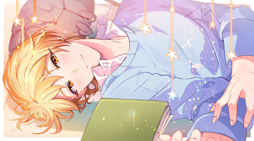 1boy blue_sweater book collared_shirt constellation head_tilt highres honda_iku long_sleeves looking_at_viewer lying male_focus on_back shirt short_hair smile solo sparkle star_(symbol) stuffed_toy sweater tenryou_sena tokimeki_memorial tokimeki_memorial_girl's_side_4th_heart upper_body white_shirt yellow_eyes