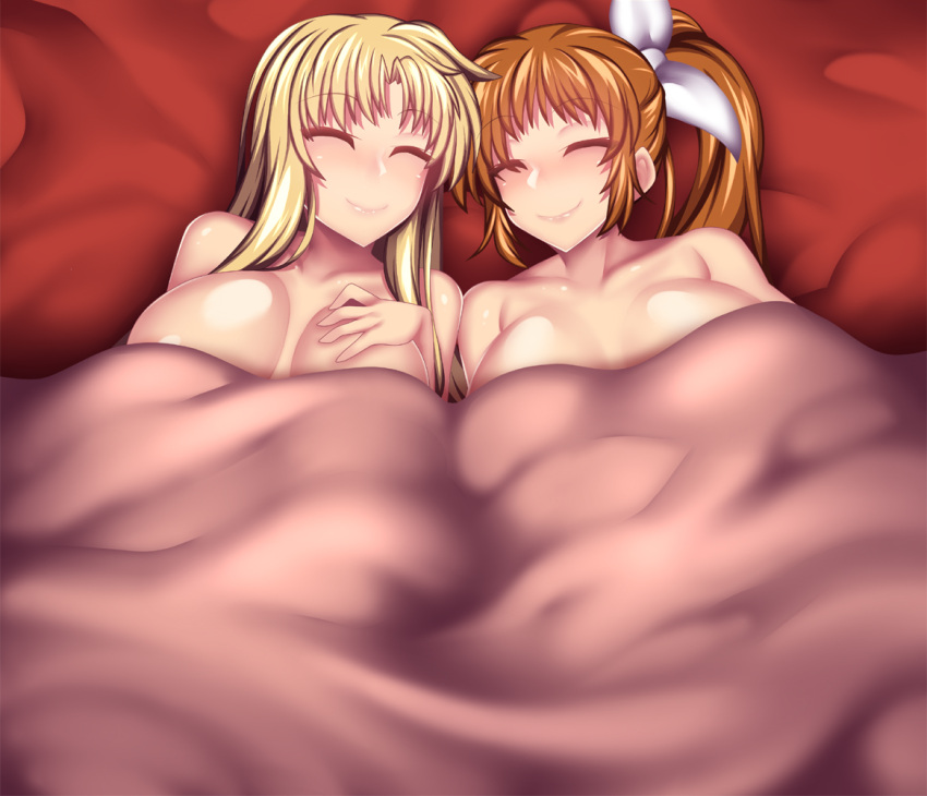 2girls bed blonde_hair blush breasts brown_hair closed_eyes collarbone couple english_commentary fate_testarossa fi-san hair_ribbon happy indoors large_breasts long_hair lyrical_nanoha mahou_shoujo_lyrical_nanoha_strikers multiple_girls ponytail ribbon smile takamachi_nanoha under_covers yuri