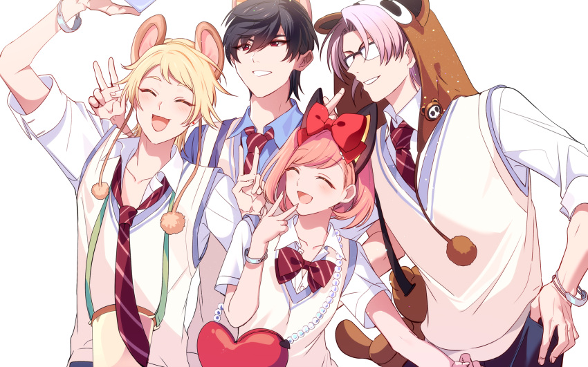 3boys :d ^_^ animal_ears animal_hood arm_up bag beads black_hair blonde_hair blue_shirt bob_cut bow bowtie bracelet closed_eyes collared_shirt dress_shirt earrings fake_animal_ears female glasses habataki_academy_school_uniform hairbow hand_on_own_hip hand_up happy heart highres holding honda_iku hood hood_up jewelry kazama_ryouta multiple_boys nanatsumori_minoru necktie opaque_glasses pink_hair pom_pom_(clothes) protagonist_(tokimemo_gs4) red_bow red_bowtie red_eyes red_hair red_necktie school_uniform shirt short_hair shoulder_bag simple_background smile striped_bow striped_bowtie striped_clothes striped_necktie stud_earrings sweater_vest swept_bangs taking_picture tenryou_sena thumb_in_pocket tokimeki_memorial tokimeki_memorial_girl's_side_4th_heart v white_background white_shirt