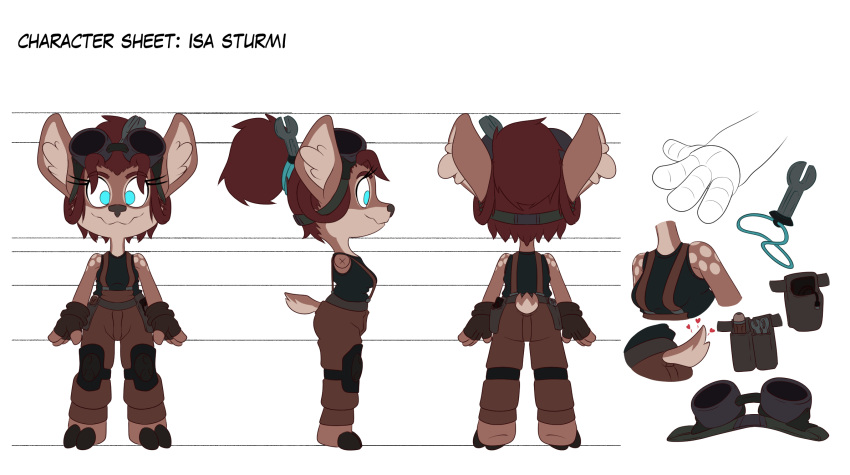 anthro blue_eyes deer eyewear female floppy_ears goggles hair hi_res hooves isa_sturmi mammal mechanic model_sheet red_hair redesign redesigned short_stack small_tail solo tail tools toony turkojar