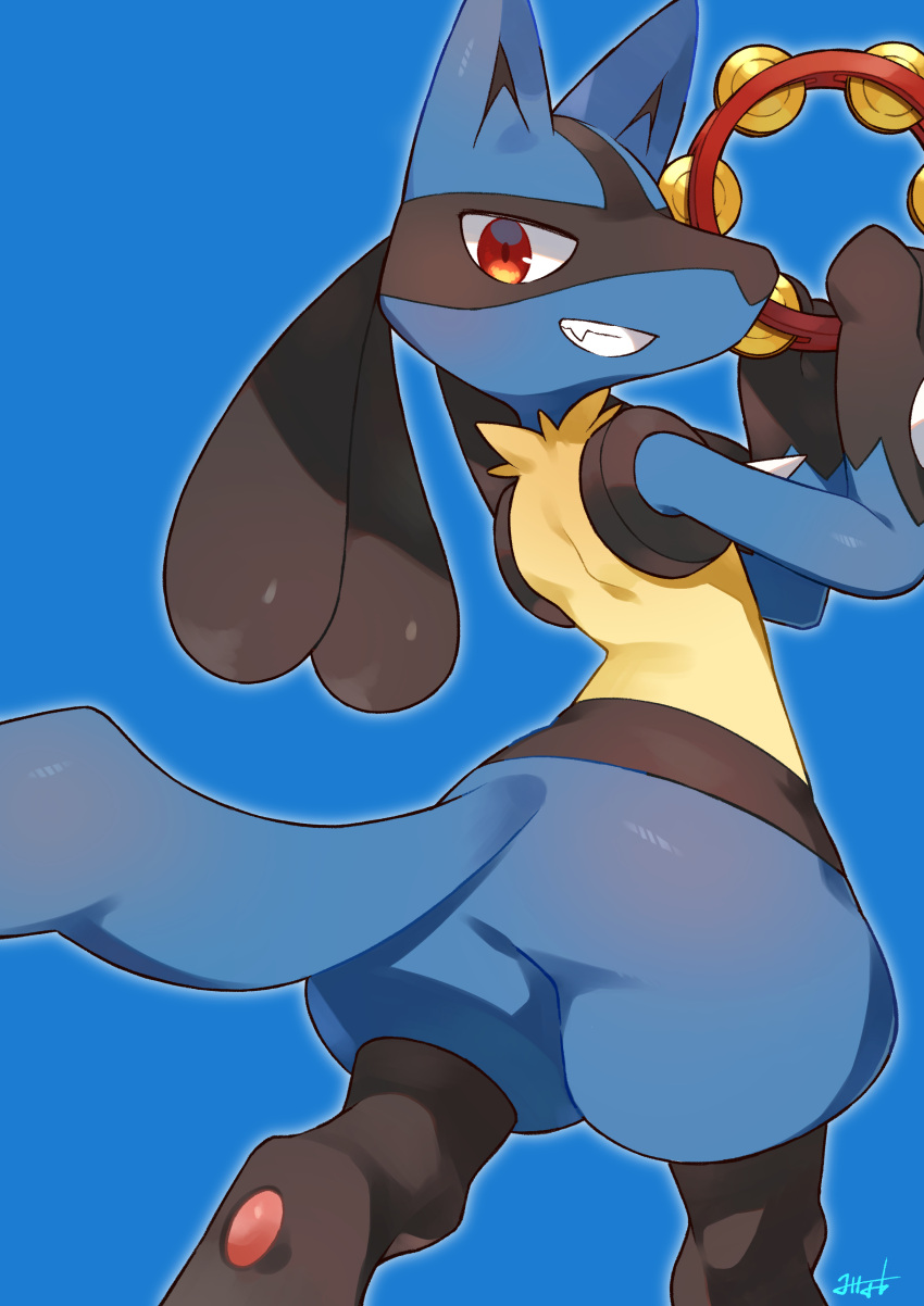 2022 absurd_res ambiguous_gender anthro ass black_body black_fur blue_background blue_body blue_fur canid canine cute_fangs cymbals digitigrade featureless_crotch fur generation_4_pokemon grin happy hi_res looking_back lucario mammal minamo_(pixiv17726065) monobutt multicolored_body multicolored_fur musical_instrument nintendo percussion_instrument pokemon pokemon_(species) rear_view red_eyes signature simple_background smile solo standing tail tambourine teeth thick_thighs two_tone_body two_tone_fur wide_hips yellow_body yellow_fur