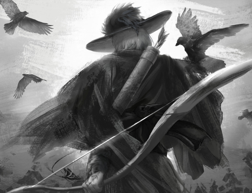 1boy absurdres animal animal_on_shoulder arrow_(projectile) bird bird_on_shoulder bow_(weapon) cape facing_away from_behind greyscale hand_tattoo hat highres holding holding_bow_(weapon) holding_weapon long_sleeves male_focus monochrome plume quiver rook_hunt solo tamuo tassel tattoo twisted_wonderland weapon