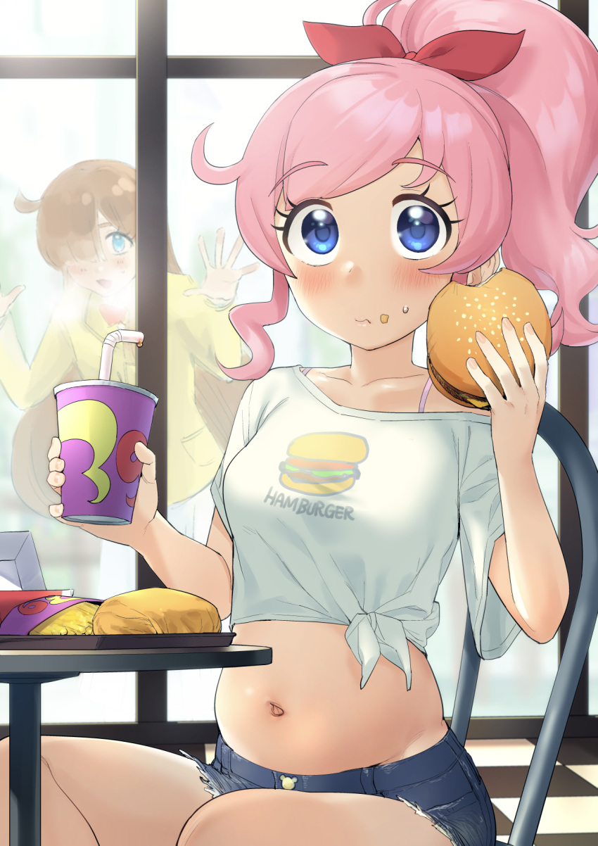 2girls ahoge belly blue_eyes blush bow brown_hair burger cup cutoffs denim denim_shorts disposable_cup eating food food_on_face french_fries hair_over_one_eye hairbow highres indoors kiratto_pri_chan looking_at_viewer looking_inside momoyama_mirai multiple_girls navel nijinosaki_dia oniku_(oniku029029mm) pink_hair ponytail pretty_series red_bow shirt shorts sitting tied_shirt