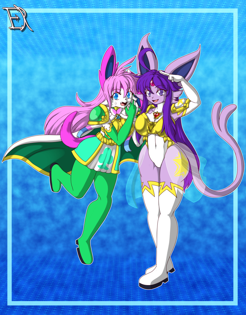 2023 absurd_res ahoge anthro armor blue_eyes bodily_fluids bottomwear cape clothing derthevaporeon duo eeveelution espeon exposed_hips female forked_tail generation_2_pokemon generation_6_pokemon gesture gold_(metal) gold_armor hair head_gem hi_res hip_markings jewelry kagome_(sugarysylvee) leg_markings markings mask nintendo pink_hair pokemon pokemon_(species) purple_eyes purple_hair ribbons salute shoulder_pads skirt smile smiling_at_viewer surprised_expression sweat sweatdrop sylveon tail takume_(derthevaporeon) unusual_anatomy unusual_tail weapon