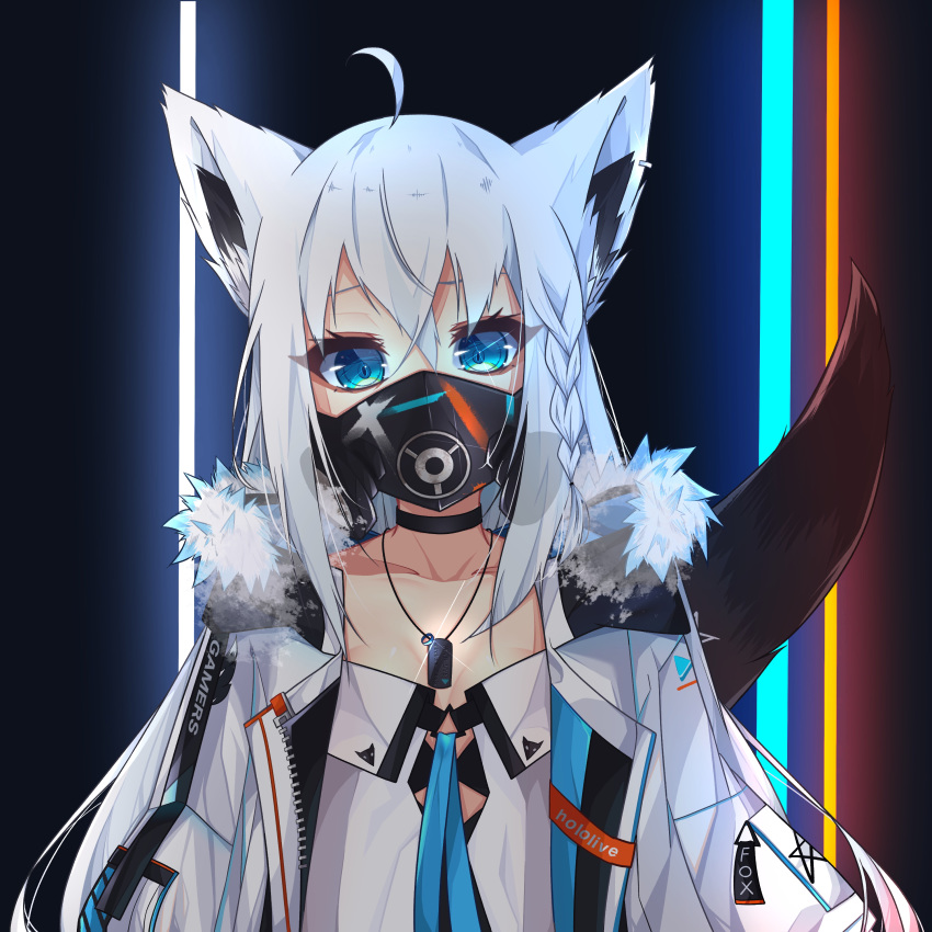 absurdres ahoge animal_ear_fluff animal_ears black_background black_bra black_choker blue_eyes blue_ribbon bra braid choker dog_tags dress english_text female fox_ears fox_girl fox_tail fur_trim glowing hair_between_eyes highres hololive jacket logo long_hair looking_at_viewer mask official_alternate_costume open_clothes open_jacket pentagram respirator ribbon shirakami_fubuki shirakami_fubuki_(fubukitek) solo tail temari_maco underwear upper_body virtual_youtuber white_dress white_hair white_jacket