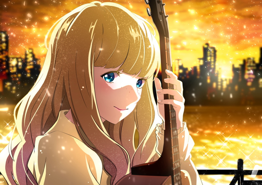 acoustic_guitar backlighting bad_id bad_pixiv_id blonde_hair blue_eyes blunt_bangs blurry blurry_background bouquetforangel building carole_&_tuesday city city_lights cityscape close-up closed_mouth cloud cloudy_sky curly_hair eyelashes female fence fingernails freckles frilled_sleeves frills glowing gradient_sky guitar happy high_collar highres holding holding_instrument instrument light_particles long_hair looking_at_viewer looking_to_the_side orange_sky outdoors river shaded_face sky sleeves_past_wrists smile solo sparkle sunlight sunset tareme tuesday_simmons upper_body water yellow_sky