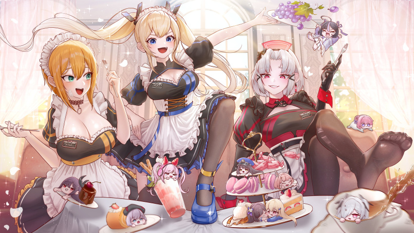 3girls :3 absurdres alice_(nikke) alternate_costume animal_ear_headphones animal_ears apron behemoth_(nikke) beret black_hair black_horns black_pantyhose blonde_hair blue_bow blue_bowtie blue_cardigan blue_eyes blush bow bowtie breasts brown_eyes brown_hair cake cake_slice candy cardigan chibi cinderella_(nikke) cleavage closed_eyes collared_shirt cream cream_on_face creature cup dark-skinned_female dark_skin dazzling_pearl_(nikke) diesel_(nikke) doro_(nikke) dorothy_(nikke) drake_(maid_for_villain)_(nikke) drake_(nikke) dress ear_piercing enmaided fake_animal_ears feet flower-shaped_hair food food_on_face frills fruit gloves goddess_of_victory:_nikke grapes grey_hair gyaru hair_bun hair_ornament hair_over_one_eye hairbow hat headphones headset highres holding holding_food horns ice_cream jacket jewelry kimright0 kogal laplace_(nikke) large_breasts legs long_hair long_sleeves looking_at_viewer macaron maid maid_apron maid_headdress matis_(nikke) maxwell_(nikke) military_hat milkshake multicolored_hair multiple_girls multiple_rings naga_(nikke) necktie no_shoes oerba_yun_fang open_mouth pantyhose piercing pink_hair puffy_sleeves purple_eyes purple_hair purple_jacket purple_necktie purple_ribbon red_eyes ribbon ring shirt short_hair smile standing strawberry strawberry_shortcake streaked_hair swiss_roll syuen_(nikke) teacup teeth tia_(nikke) toes twintails very_long_hair vesti_(nikke) waffle white_hair white_shirt