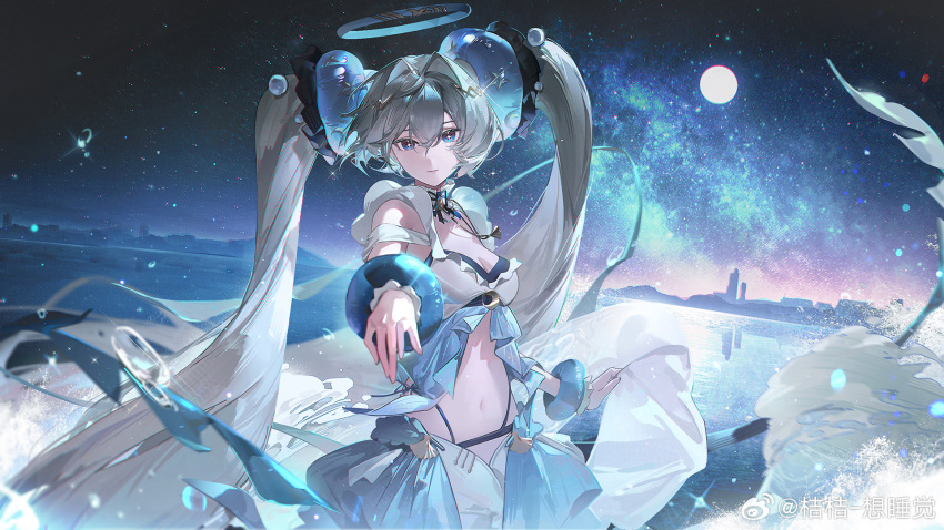 +_+ bikini black_ribbon blue_halo blue_scrunchie blue_skirt female full_moon grey_hair hair_intakes halo highres long_hair looking_at_viewer luna:_oblivion_(punishing:_gray_raven) luna_(punishing:_gray_raven) milky_way moon mountainous_horizon navel neck_ribbon night night_sky ocean official_alternate_costume official_art outdoors outstretched_arm outstretched_hand punishing:_gray_raven reaching reaching_towards_viewer ribbon scrunchie showgirl_skirt skirt sky smile solo star_(sky) starry_sky stomach swimsuit twintails upper_body very_long_hair water_drop weibo_logo weibo_watermark white_bikini wrist_scrunchie xtears_kitsune