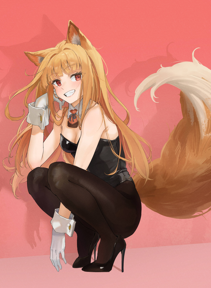 absurdres alternate_costume animal_ears bare_shoulders black_footwear black_leotard black_pantyhose blunt_bangs blush breasts brown_hair clenched_teeth detached_collar duang_(user_tsag8258) female from_side gloves high_heels highres holo leotard long_hair looking_to_the_side medium_breasts pantyhose pink_background pouch red_eyes shadow solo spice_and_wolf squatting tail teeth white_gloves wolf_ears wolf_girl wolf_tail wrist_cuffs