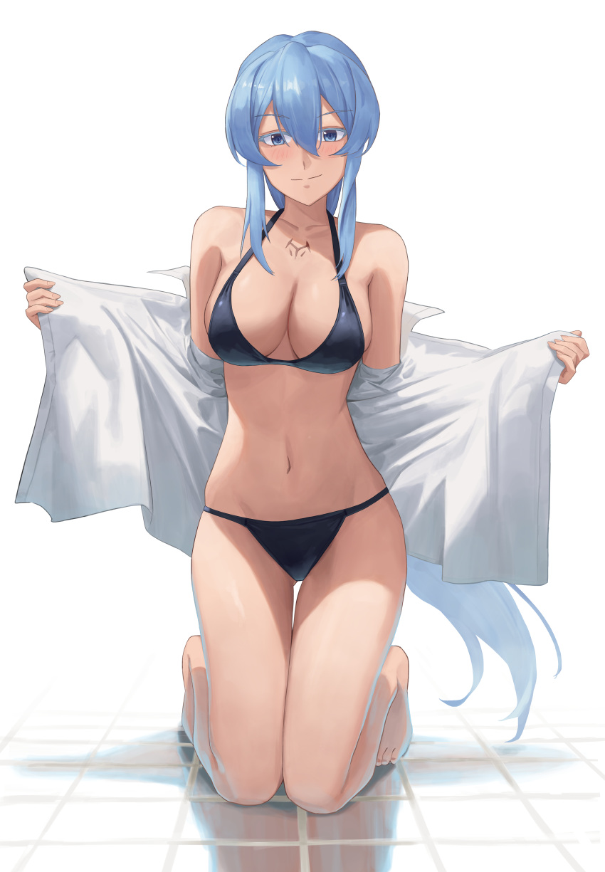 absurdres akame_ga_kill! barefoot bikini black_bikini blue_eyes blue_hair breasts chest_tattoo closed_mouth collared_shirt commentary_request esdeath female hair_between_eyes halterneck highres kneeling large_breasts long_hair looking_at_viewer navel open_clothes open_shirt shirt smile solo sunai swimsuit tattoo thigh_gap very_long_hair white_background white_shirt