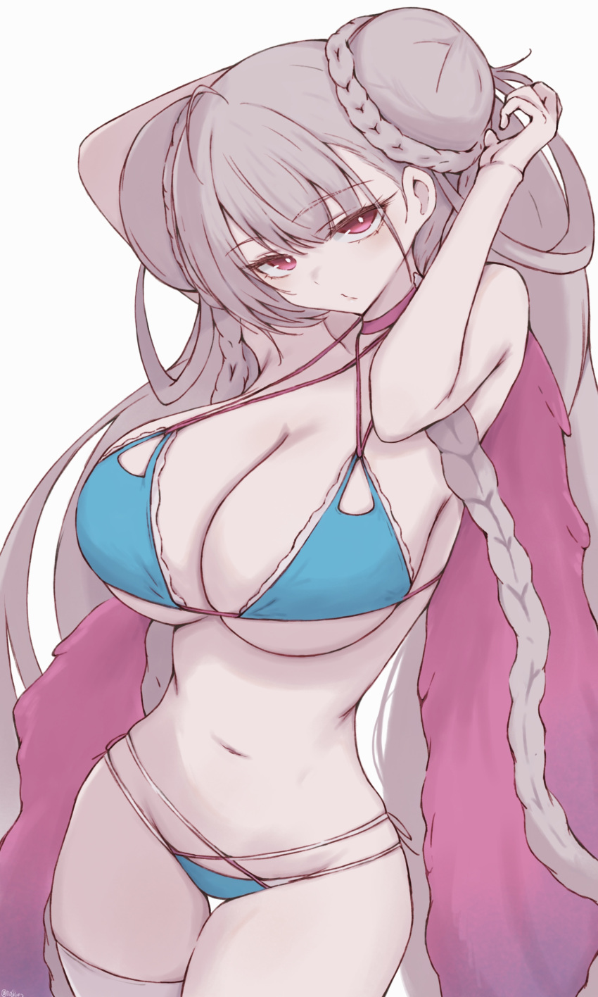 1006kbps absurdres aqua_bikini azur_lane bikini braid braided_bun choker criss-cross_halter double_bun feather_boa female formidable_(azur_lane) formidable_(the_lady_of_the_beach)_(azur_lane) hair_bun halterneck highres long_hair multi-strapped_bikini_bottom multi-strapped_bikini_top official_alternate_costume pink_choker red_eyes single_thighhigh skindentation solo swimsuit thighhighs very_long_hair