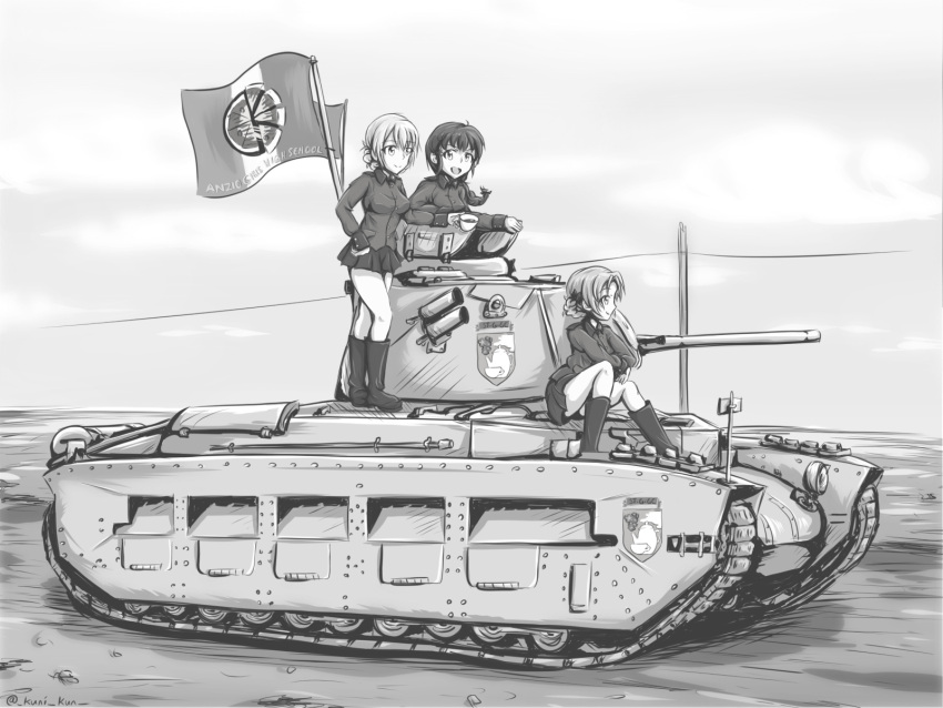 3girls :d anzio_(emblem) boots braid closed_mouth commentary cup darjeeling_(girls_und_panzer) emblem english_commentary flag girls_und_panzer greyscale highres holding holding_cup jacket kuni-kun long_hair long_sleeves matilda_(tank) military_vehicle miniskirt monochrome motor_vehicle multiple_girls on_tank open_mouth orange_pekoe_(girls_und_panzer) outdoors photo-referenced rukuriri_(girls_und_panzer) short_hair sitting skirt smile st._gloriana's_(emblem) st._gloriana's_military_uniform standing tank vehicle_focus world_war_ii