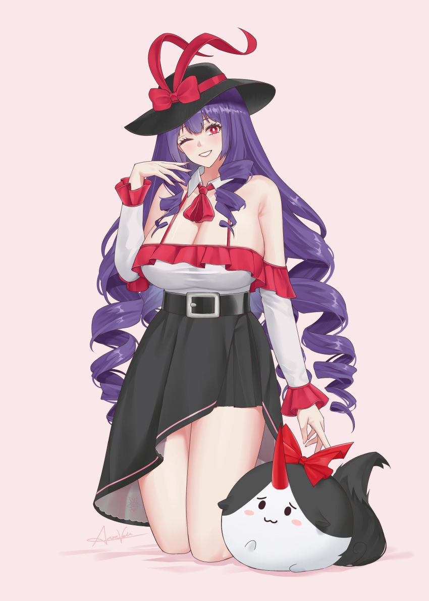 absurdres aroevela belt black_belt black_hat black_skirt breasts cleavage female hat highres looking_at_viewer nagae_iku purple_hair red_eyes skirt smile solo touhou