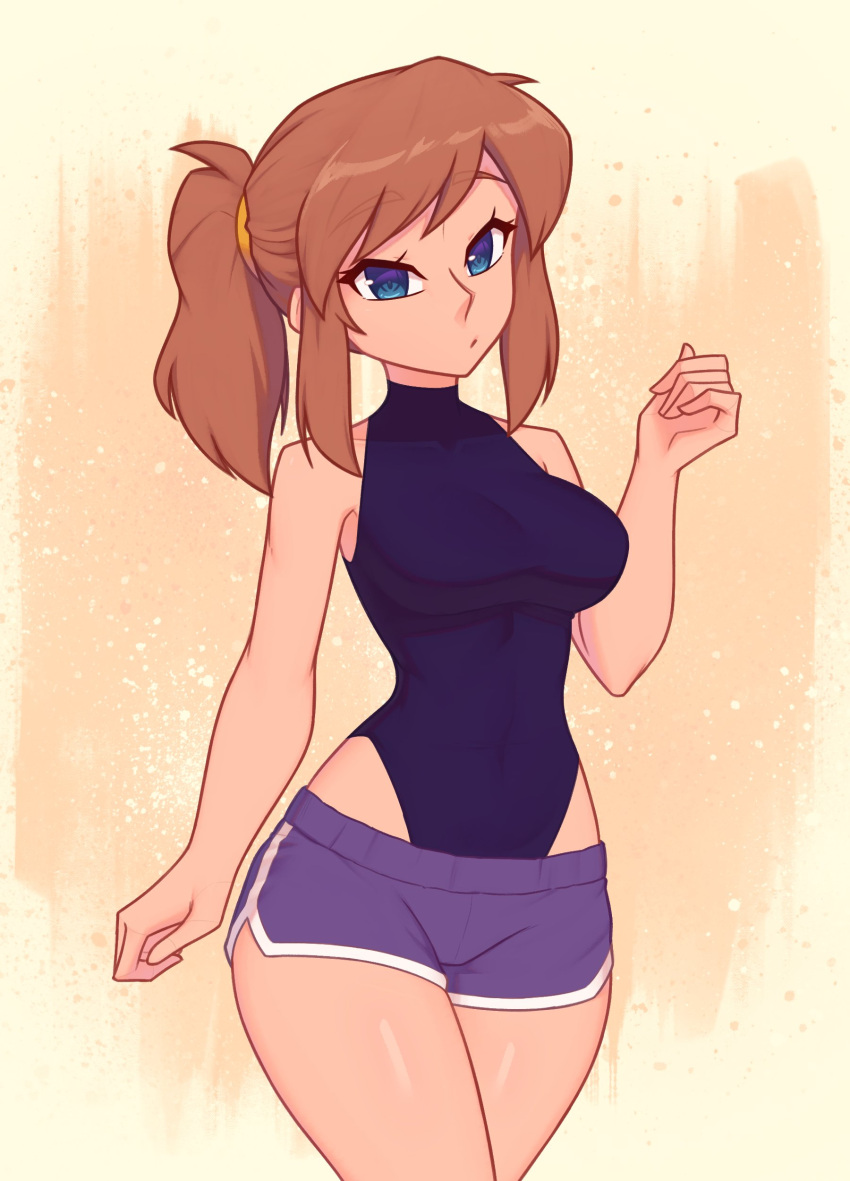 a_hat_in_time absurdres aged_up arm_at_side bare_shoulders blue_eyes blue_one-piece_swimsuit brown_hair commentary cowboy_shot english_commentary female hair_tie hand_up hat_kid highres long_hair looking_at_viewer one-piece_swimsuit parted_lips ponytail purple_shorts shorts solo swimsuit xyronii yellow_background