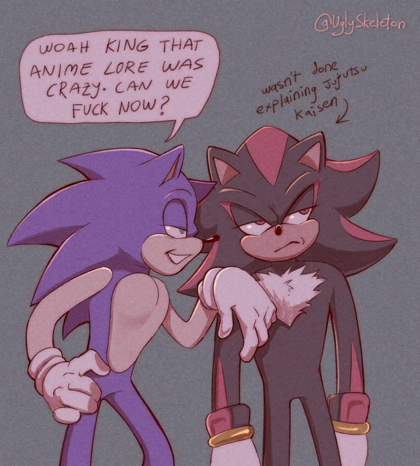 absurd_res annoyed anthro dialogue duo hand_on_shoulder hi_res leaning leaning_forward male male/male sega shadow_the_hedgehog sonic_the_hedgehog sonic_the_hedgehog_(series) speech_bubble uglyskeleton