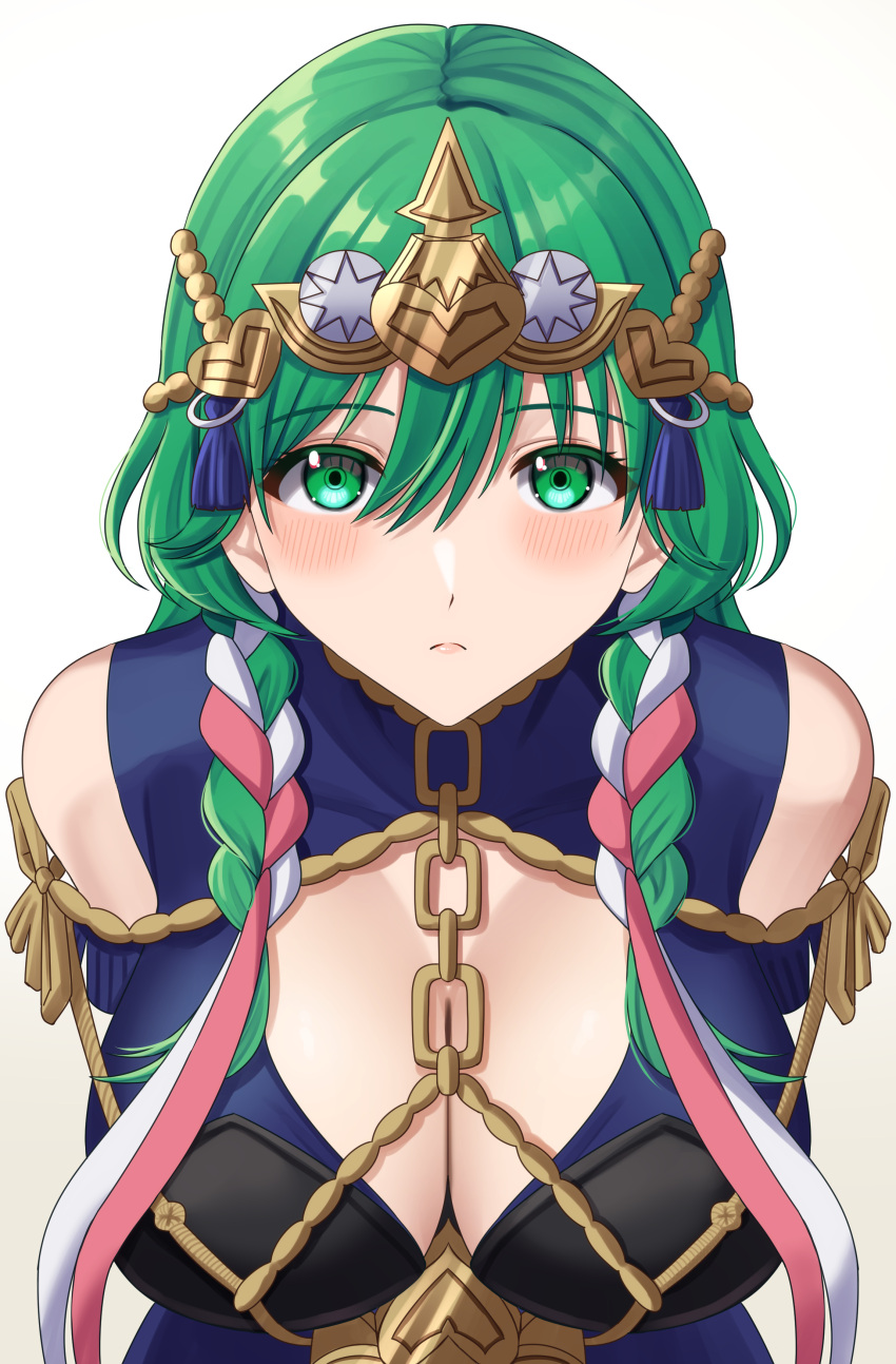 absurdres alternate_costume blue_dress braid breasts byleth_(female)_(fire_emblem) byleth_(fire_emblem) chains cleavage cosplay dress enlightened_byleth_(female) female fire_emblem fire_emblem:_three_houses green_eyes green_hair hair_ribbon highres large_breasts looking_at_viewer medium_hair official_alternate_hair_color ribbon ribbon_braid side_braid solo sothis_(fire_emblem) sothis_(fire_emblem)_(cosplay) tiara twin_braids ushiroki white_ribbon