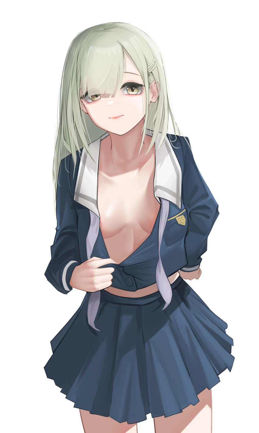 absurdres bang_dream! bang_dream!_it's_mygo!!!!! blue_shirt blue_skirt blunt_bangs breast_pocket breasts buttons chinese_commentary closed_mouth clothes_pull collarbone commentary_request cowboy_shot eltair female green_hair grey_neckerchief hair_behind_ear hair_ornament hairclip hands_up highres long_hair long_sleeves looking_at_viewer midriff miniskirt neckerchief no_bra partially_unbuttoned pleated_skirt pocket pulling_own_clothes sailor_collar school_uniform serafuku shirt shirt_pull simple_background skirt small_breasts solo standing tsukinomori_school_uniform undone_neckerchief wakaba_mutsumi white_background white_sailor_collar yellow_eyes