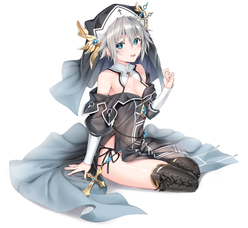 black_dress black_panties blue_eyes boots breasts cleavage cross cross-laced_footwear date_a_live dress female grey_hair habit hair_between_eyes highres honjou_nia looking_at_viewer moeki_yuuta nun open_mouth panties see-through see-through_dress short_hair sitting small_breasts smile solo underwear