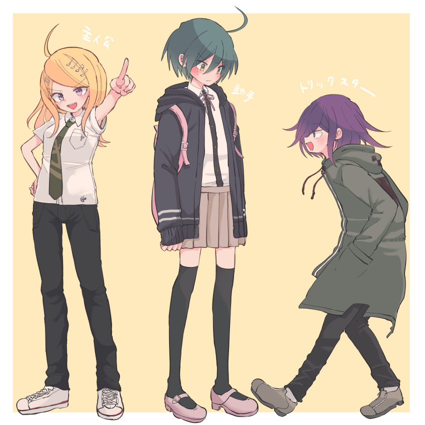 2boys absurdres ahoge akamatsu_kaede animal_bag black_pants black_thighhighs blue_hair blush border brown_skirt cat_bag collared_shirt cosplay crossdressing danganronpa_(series) danganronpa_2:_goodbye_despair danganronpa_v3:_killing_harmony female flipped_hair full_body green_jacket green_necktie hair_between_eyes hair_ornament hands_in_pockets highres hinata_hajime hinata_hajime_(cosplay) hood hooded_jacket jacket komaeda_nagito komaeda_nagito_(cosplay) long_hair long_sleeves looking_at_viewer medium_hair multiple_boys musical_note musical_note_hair_ornament nanami_chiaki nanami_chiaki_(cosplay) neck_ribbon necktie oma_kokichi open_clothes open_mouth pants pink_bag pink_ribbon pointing profile purple_eyes purple_hair ribbon saihara_shuichi school_uniform shirt shoes short_hair simple_background skirt smile sneakers standing thighhighs translation_request tumai_(touue11) white_border white_shirt yellow_background yellow_eyes