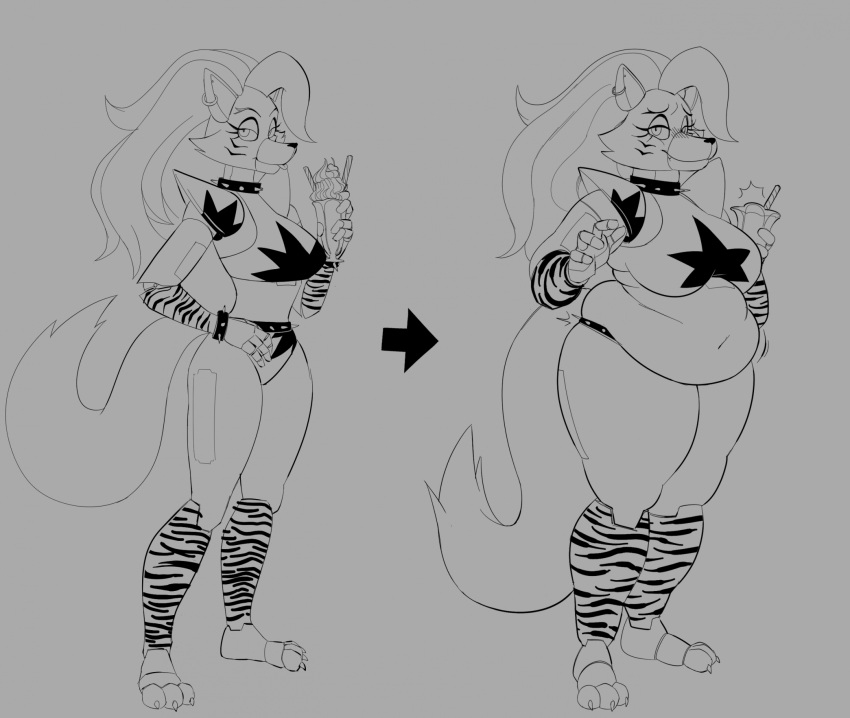 animatronic anthro arm_warmers armwear before_and_after belly belly_jiggle belly_overhang big_breasts biped black_and_grey blush bracelet breasts canid canine canis clothing collar dessert digital_media_(artwork) ear_piercing embarrassed female five_nights_at_freddy's five_nights_at_freddy's:_security_breach food hair hand_on_hip hi_res holding_food holding_object huwon ice_cream jewelry jiggling leg_warmers legwear line_art long_hair love_handles machine mammal midriff monochrome navel overweight overweight_anthro overweight_female piercing robot robot_anthro roxanne_wolf scottgames skinny_anthro skinny_female smile solo spiked_bracelet spiked_collar spikes steel_wool_studios thick_thighs tongue tongue_out weight_gain wolf