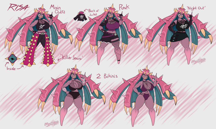 2023 5_fingers alternative_fashion anthro big_breasts bikini breasts clothed clothing digital_media_(artwork) english_text featureless_feet feet female fingers galarian_corsola galarian_form generation_7_pokemon generation_8_pokemon hi_res jacket killer_jeans latiar lips nintendo number open_mouth open_smile pokemon pokemon_(species) pokemorph punk regional_form_(pokemon) risa_(latiar) sharp_teeth simple_background smile solo spikes spikes_(anatomy) standing swimwear teeth text topwear toxapex two-piece_swimsuit