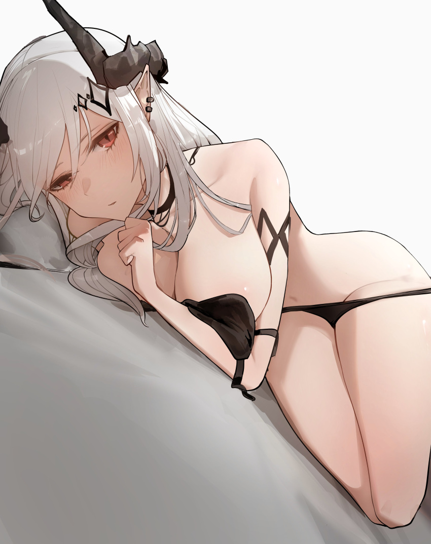 absurdres arknights armlet bikini black_bikini breasts hair_ornament highres horns huinjebi jewelry large_breasts loose_bikini midriff mudrock_(arknights) mudrock_(silent_night)_(arknights) pointy_ears red_eyes swimsuit white_hair