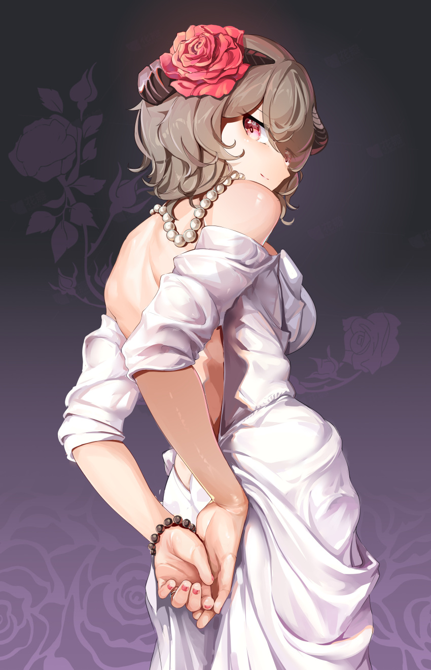 absurdres alternate_costume back backless_dress backless_outfit black_background bracelet brown_hair dress fake_horns female floral_background flower frills hair_flower hair_ornament highres honkai_(series) honkai_impact_3rd horns jewelry looking_at_viewer necklace pearl_bracelet pearl_necklace red_eyes rita_rossweisse short_hair smile solo wet wet_clothes white_dress xg_epee