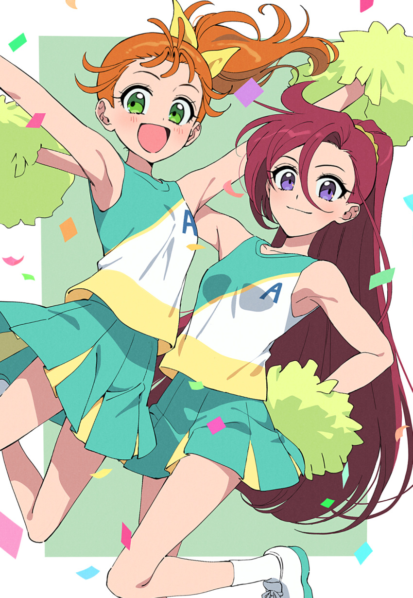 2girls armpits arms_up bare_shoulders bow breasts cheering cheerleader confetti crop_top green_eyes hair_ornament hair_scrunchie highres holding holding_pom_poms jumping knees_up long_hair midair midriff miniskirt multicolored_clothes multiple_girls natsuumi_manatsu navel open_mouth orange_hair pleated_skirt pom_pom_(cheerleading) ponytail precure purple_eyes scrunchie shirt shoes skirt sleeveless sleeveless_shirt small_breasts smile sneakers socks takizawa_asuka tropical-rouge!_precure white_socks yellow_bow yuzu_sato