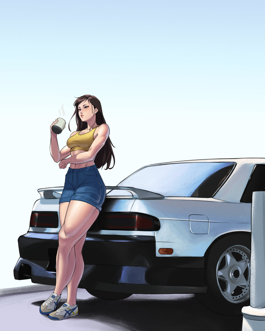 absurdres arm_across_waist car chun-li coffee_mug crop_top cup denim denim_shorts erzomori female hair_down high-waist_shorts highres leaning_against_vehicle motor_vehicle mug official_alternate_costume shoes short_shorts shorts sneakers solo steam street_fighter street_fighter_ii_(series) tank_top thick_thighs thighs