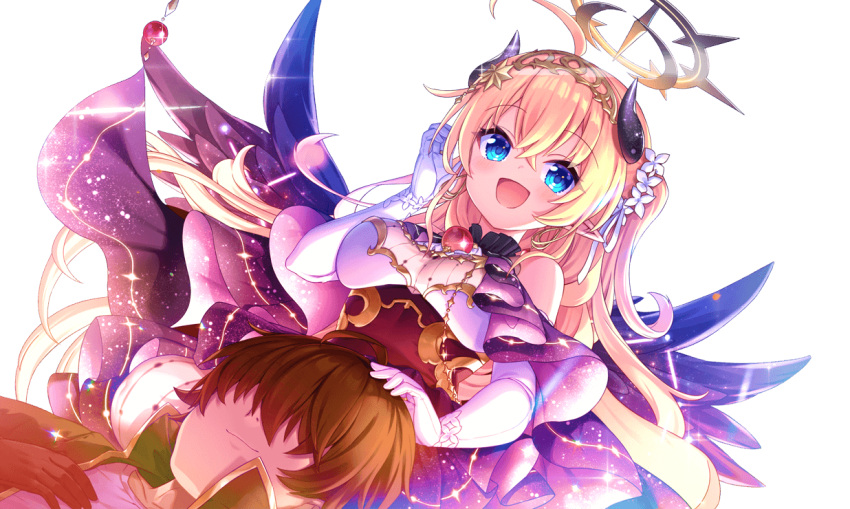 1boy :d ahoge angelic_link artist_request black_horns blonde_hair blue_eyes breasts brown_hair crossed_bangs dithering dress elbow_gloves female flower frills game_cg gloves hair_between_eyes hair_flower hair_ornament hair_over_eyes halo hand_on_another's_head hand_up horns large_breasts long_hair lucifer_(angelic_link) medium_bangs official_alternate_costume open_mouth pointy_ears red_dress smile solo sparkle_hair_ornament third-party_source white_flower white_gloves