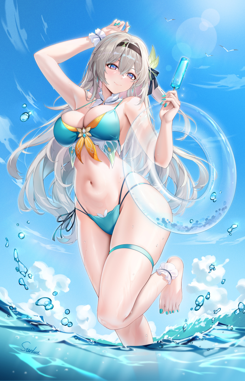 absurdres alternate_costume ankle_wrap aqua_bikini arm_up bikini bird black_hairband blue_sky blurry blush bokeh breasts cleavage closed_mouth commentary_request day depth_of_field female firefly_(honkai:_star_rail) food grey_hair hair_between_eyes hair_ornament hairband has_bad_revision has_downscaled_revision highleg highleg_bikini highres holding holding_food holding_popsicle honkai:_star_rail honkai_(series) large_breasts long_hair looking_at_viewer md5_mismatch navel ocean one_side_up paid_reward_available partial_commentary popsicle purple_eyes resolution_mismatch seagull shallow_water single_bare_arm single_bare_shoulder skindentation sky smile solo source_smaller standing standing_on_one_leg stardust_(chen'ai_weiding) stomach sunlight swimsuit thigh_strap thighs transparent_innertube water wrist_wrap