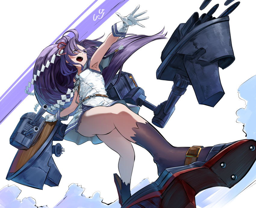 adapted_turret anti-aircraft_gun ass autocannon breasts cannon decorations dress dress_flip female gegesan gloves hair_ribbon hatsuharu_(kancolle) hatsuharu_kai_ni_(kancolle) highres hikimayu kantai_collection long_hair machinery ponytail purple_eyes purple_hair ribbon rigging rudder_footwear sailor_dress shide short_dress short_eyebrows signature sleeveless sleeveless_dress smokestack solo torpedo torpedo_launcher torpedo_tubes turret type_96_aa_gun very_long_hair white_background white_gloves