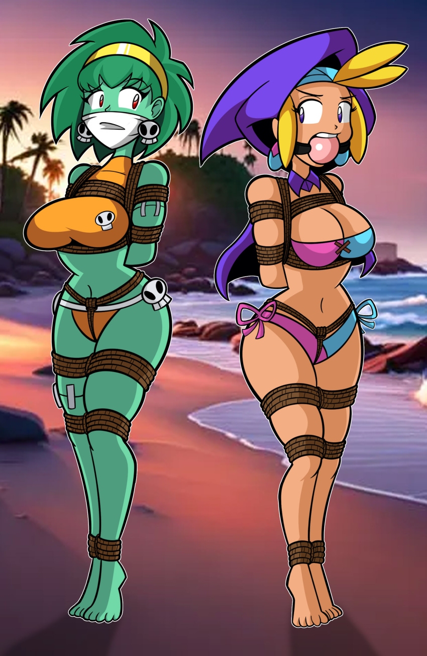 absurdres angry arms_behind_back ball_gag belly bikini bondage bondage bound bound_arms bound_legs cloth_gag collarbone confused gag gagged highres improvised_gag looking_at_another midriff navel non-web_source original raya100 rottytops sky_(shantae) standing swimsuit tied_up_(nonsexual) worried