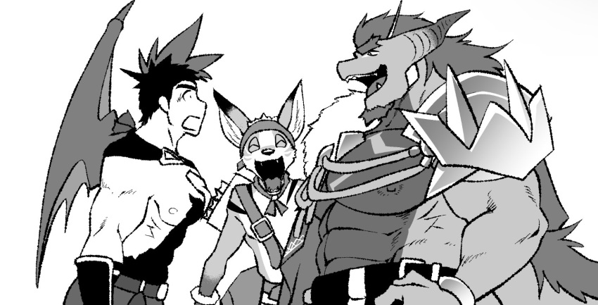 abs amorey anothereidos_of_dragon_vein_r anthro armor bandana barboros_(anothereidos_r) canid canine fox gaia_(anothereidos_r) group hair hi_res hybrid kerchief kobold long_hair male mammal muscular muscular_male nipples pauldron pecs quiver_(object) samoji side_view trio