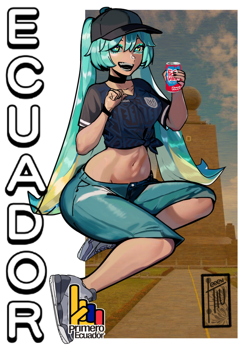 absurdres aqua_eyeshadow black_choker black_hat black_shirt blue_pants bracelet can choker ecuador eyeshadow female full_body grey_footwear hat hatsune_miku highres holding holding_can jewelry leeenmiu long_hair makeup midriff navel pants print_shirt shirt shoes short_sleeves solo tied_shirt very_long_hair vocaloid