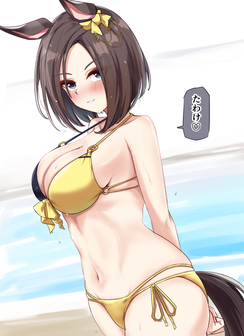 absurdres air_groove_(umamusume) animal_ears black_hair blurry blurry_background blush breasts cleavage collarbone commentary_request female gryebooks highres horse_ears horse_girl looking_at_viewer medium_hair navel pool solo swimsuit translation_request umamusume